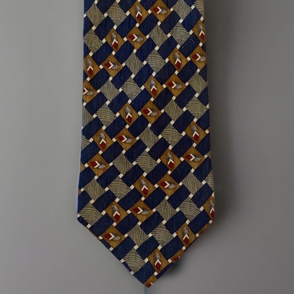 Mens Vintage 90s HAGGAR Classic Necktie Tie 100% Silk Blue Gray Geometric